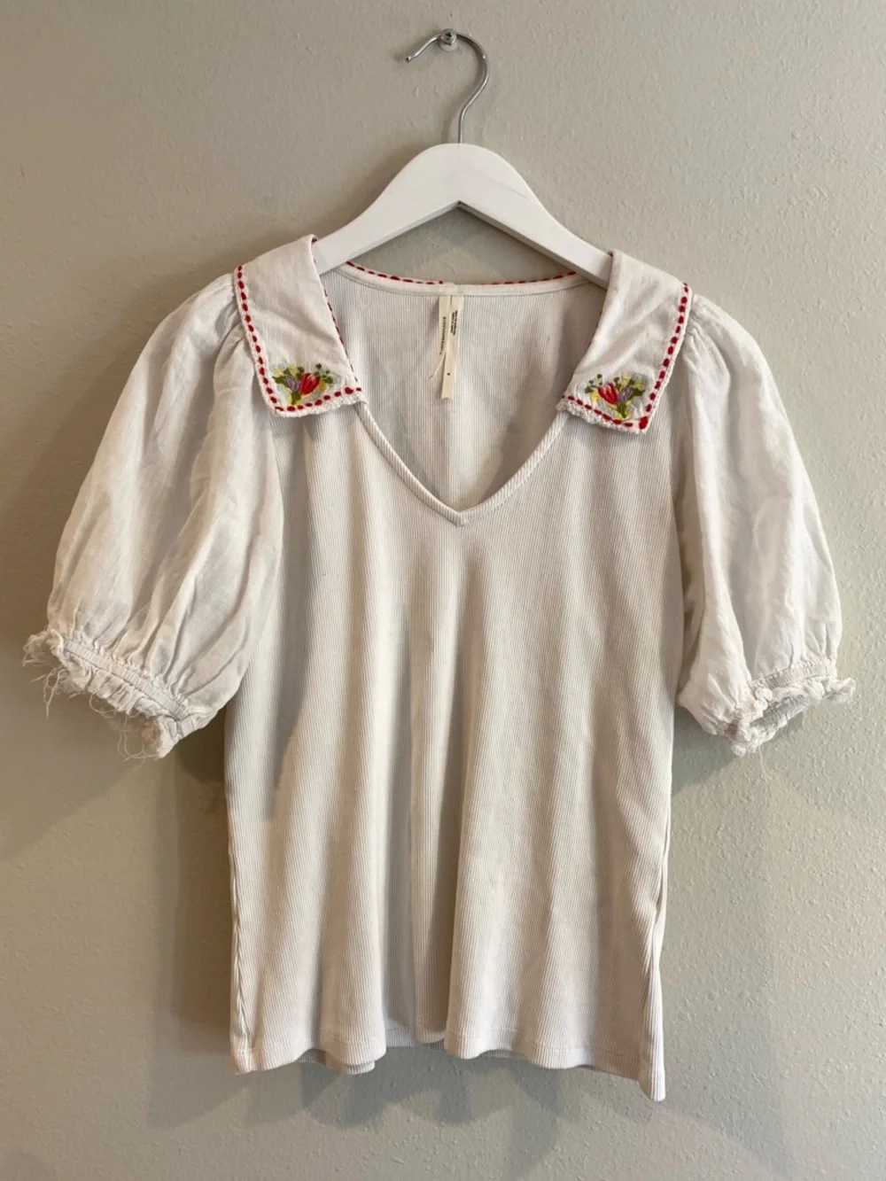 Anthropologie Embroidered Peter Pan Collar Ribbed Puff Sleeve Top S Cottagecore